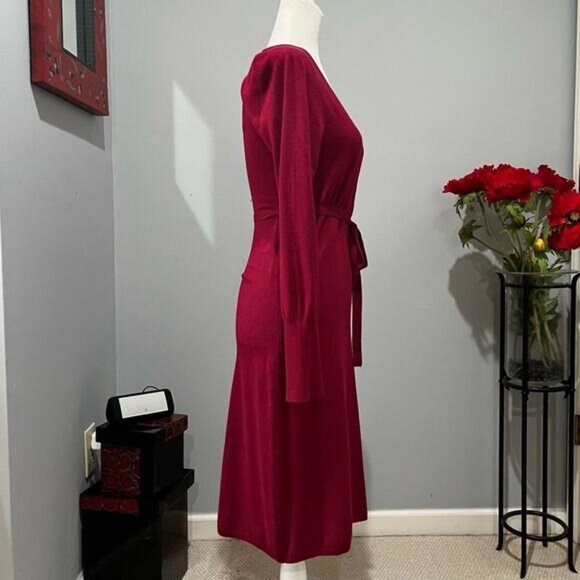 NEW BCBGMAXAZRIA Belted Tailored Plunge Midi Sweater Dress Crimson Red Small NWT - Picture 14 of 15